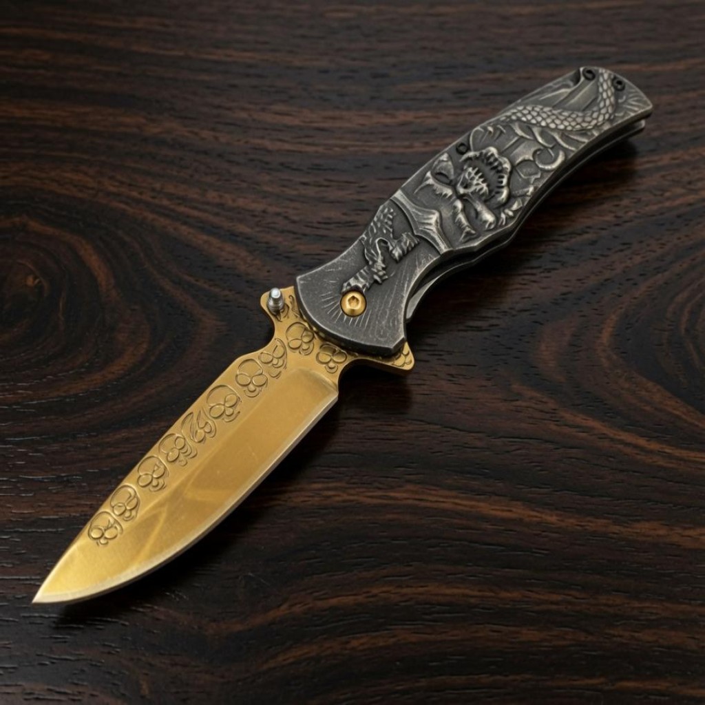 Browning Ejderha Motifli Hediyelik Çakı - Gold Bıçaklı Paslanmaz Çelik