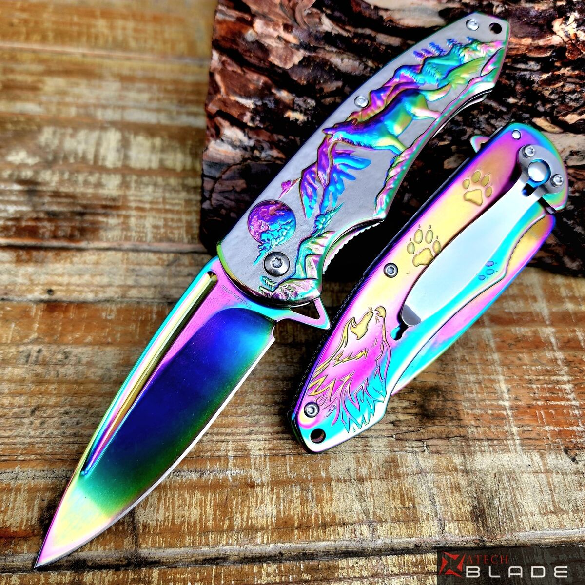 Browning Gökkuşağı Kurt Desenli Otomatik Kamp Çakısı Browning Gökkuşağı Kurt Desenli Otomatik Kamp Çakısı